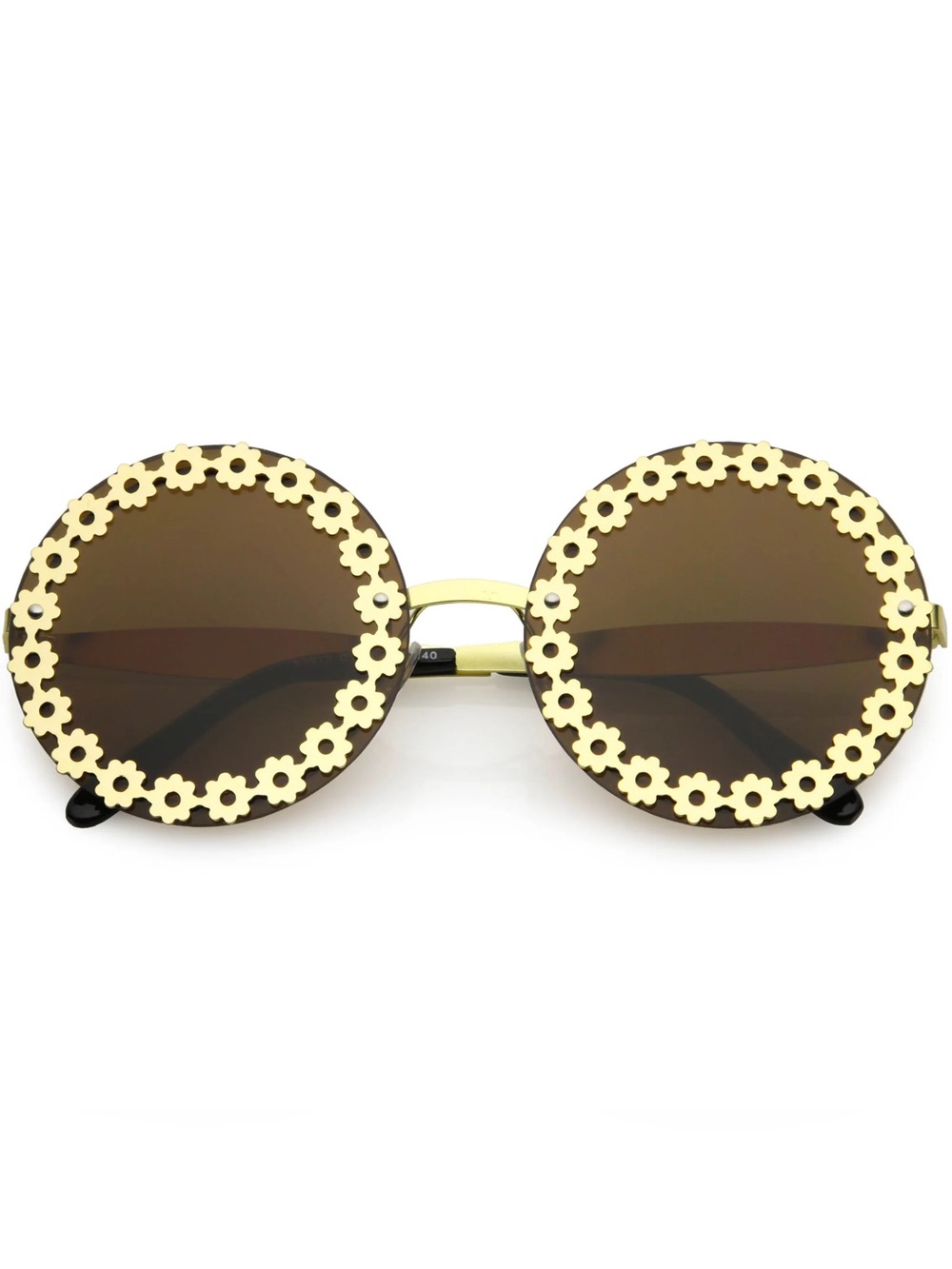 Francesca's Collections Black Round Sunglasses with Gold Floral Trim